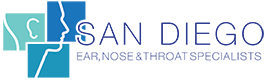 Logo for San Diego Ear, Nose & Throat Specialists. It features three abstract facial profiles in blue and green boxes, with the clinic name in blue uppercase text on the right.